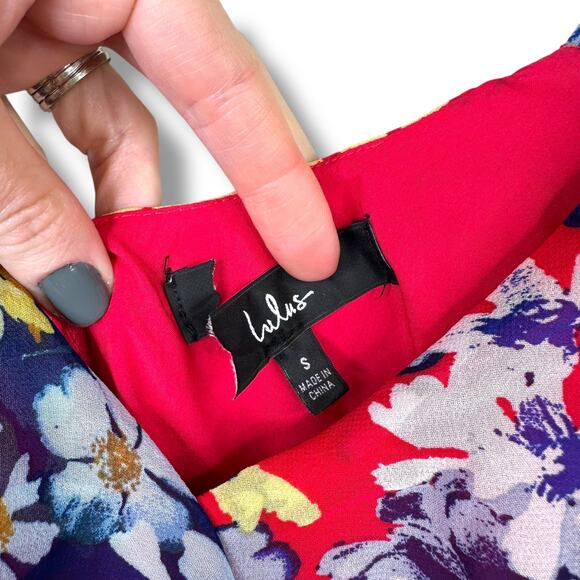 Lulus NWOT Radiant Ruby Red Floral Print Chiffon Asymmetrical Maxi Dress Small - Picture 6 of 11